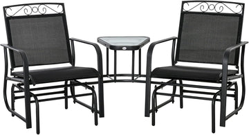 Outdoor Glider Chairs with Coffee Table Patio 2-Seat Black | Rocking Chair Swing, Breathable Sling, Backyard, Garden