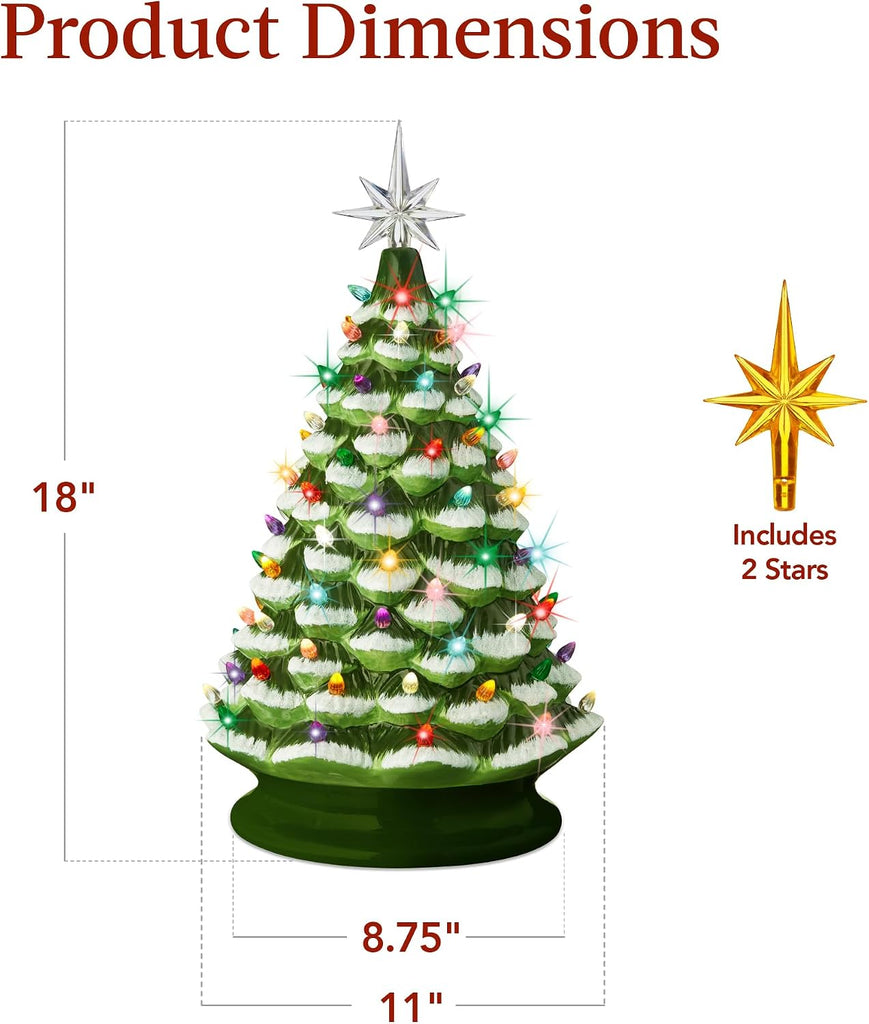 18in Large Ceramic Christmas Tree, Pre-lit Hand-Painted Tabletop Frosted Holiday Decoration w/Power Cord, 2 Star, 93