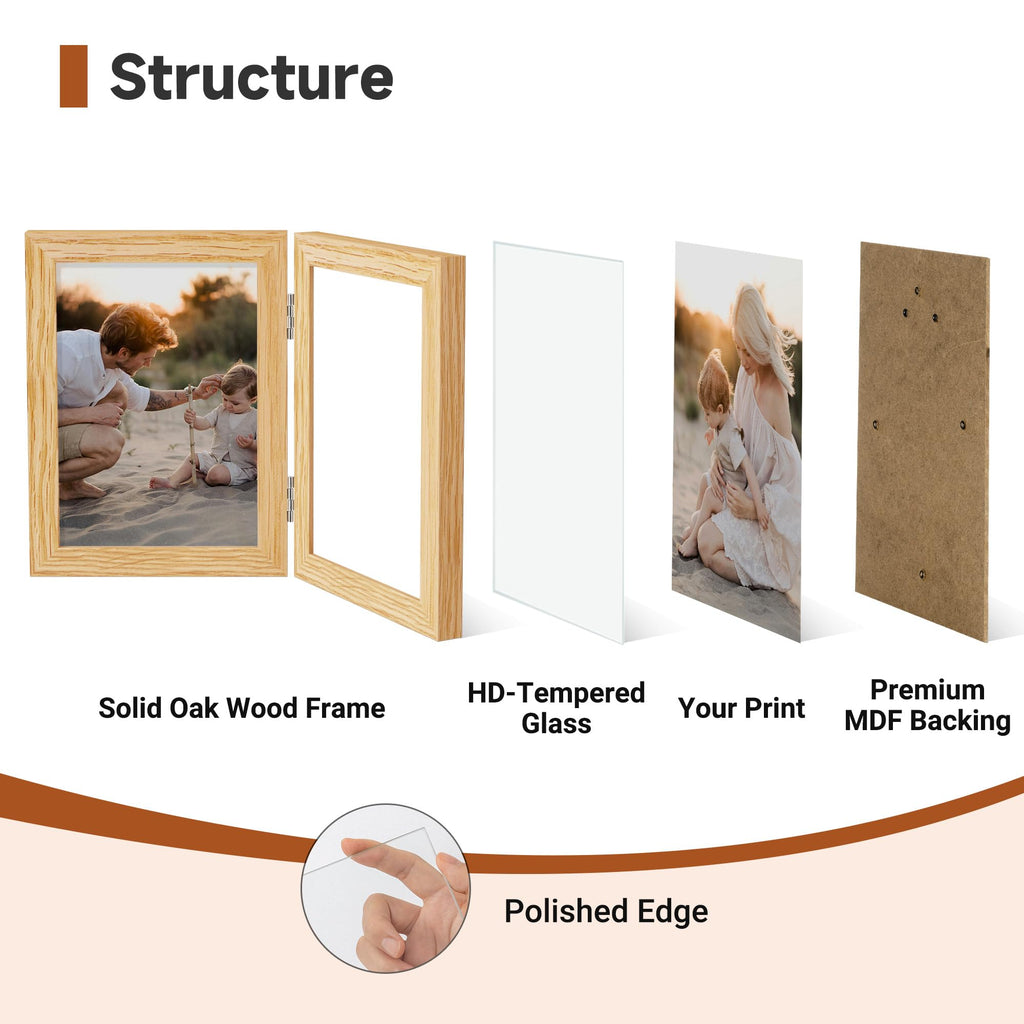 4x6 Double Picture Frame - Solid Oak Wood Vertical Hinged 4x6 Photo Frame 2 Opening Folding Family Frames Collage