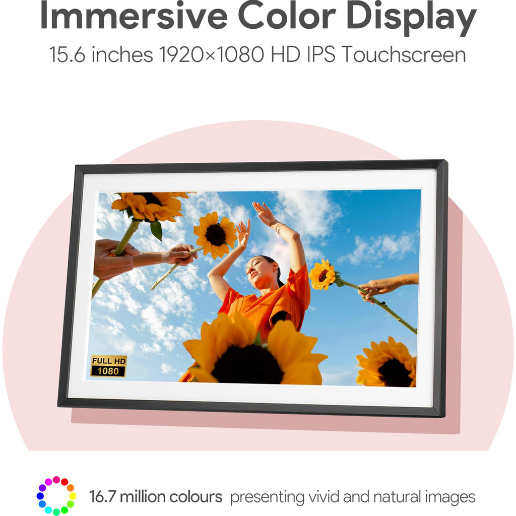 15.6'' Digital Picture Frame with 1920x1080 IPS Touch Screen, Smart Digital Photo Frame with 32GB Storage, Easy Setup