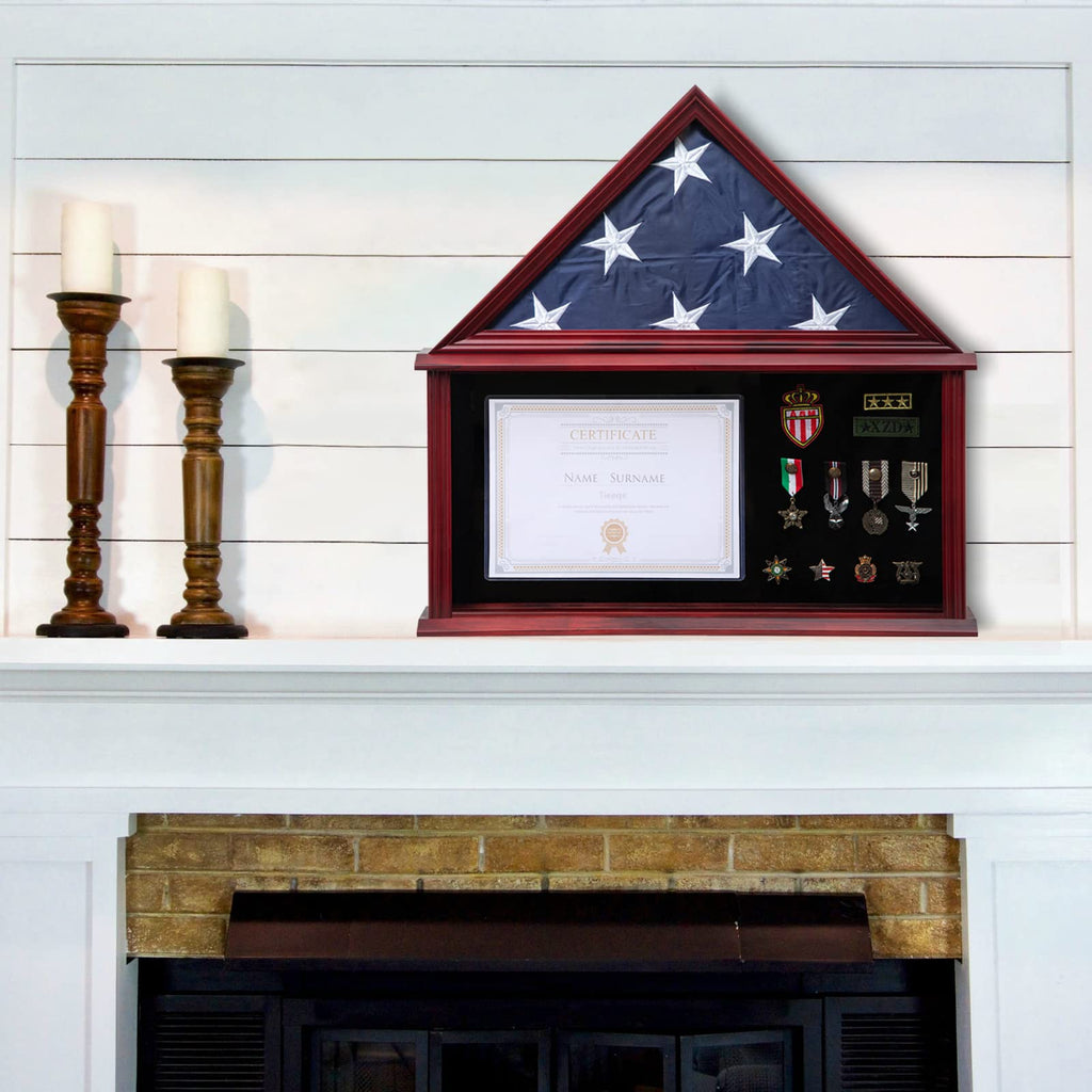 Large Military Shadow Box with Flag Display Case, Mahogany