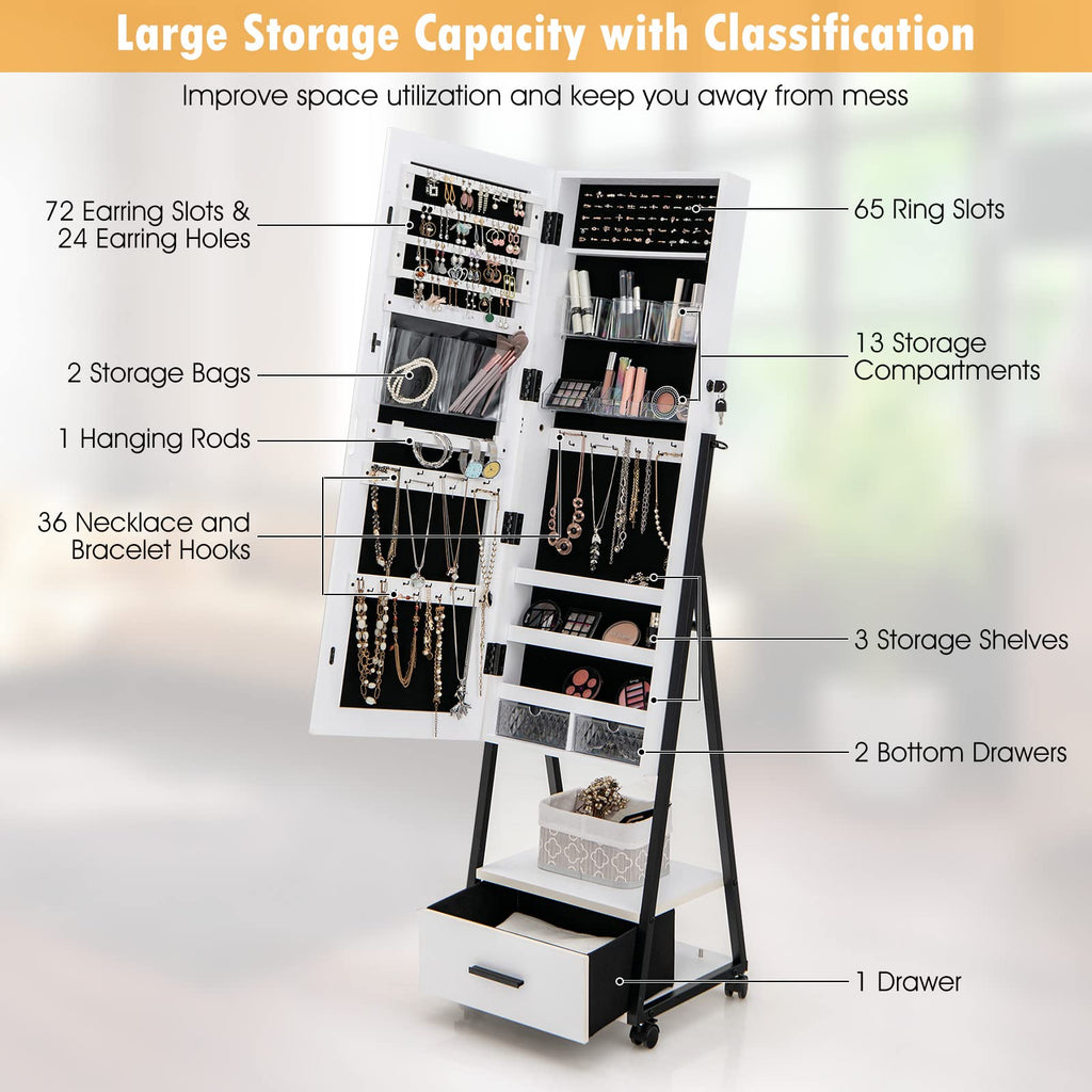 Rolling Jewelry Cabinet with Full Length Mirror, Lockable, White