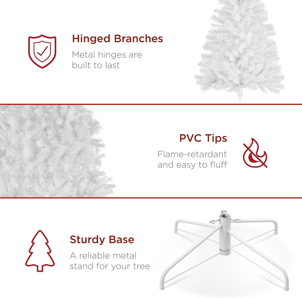 Artificial Christmas Tree, Premium Pre-Lit Realistic Spruce Holiday Décor w/Dense Branches, Metal Base - White