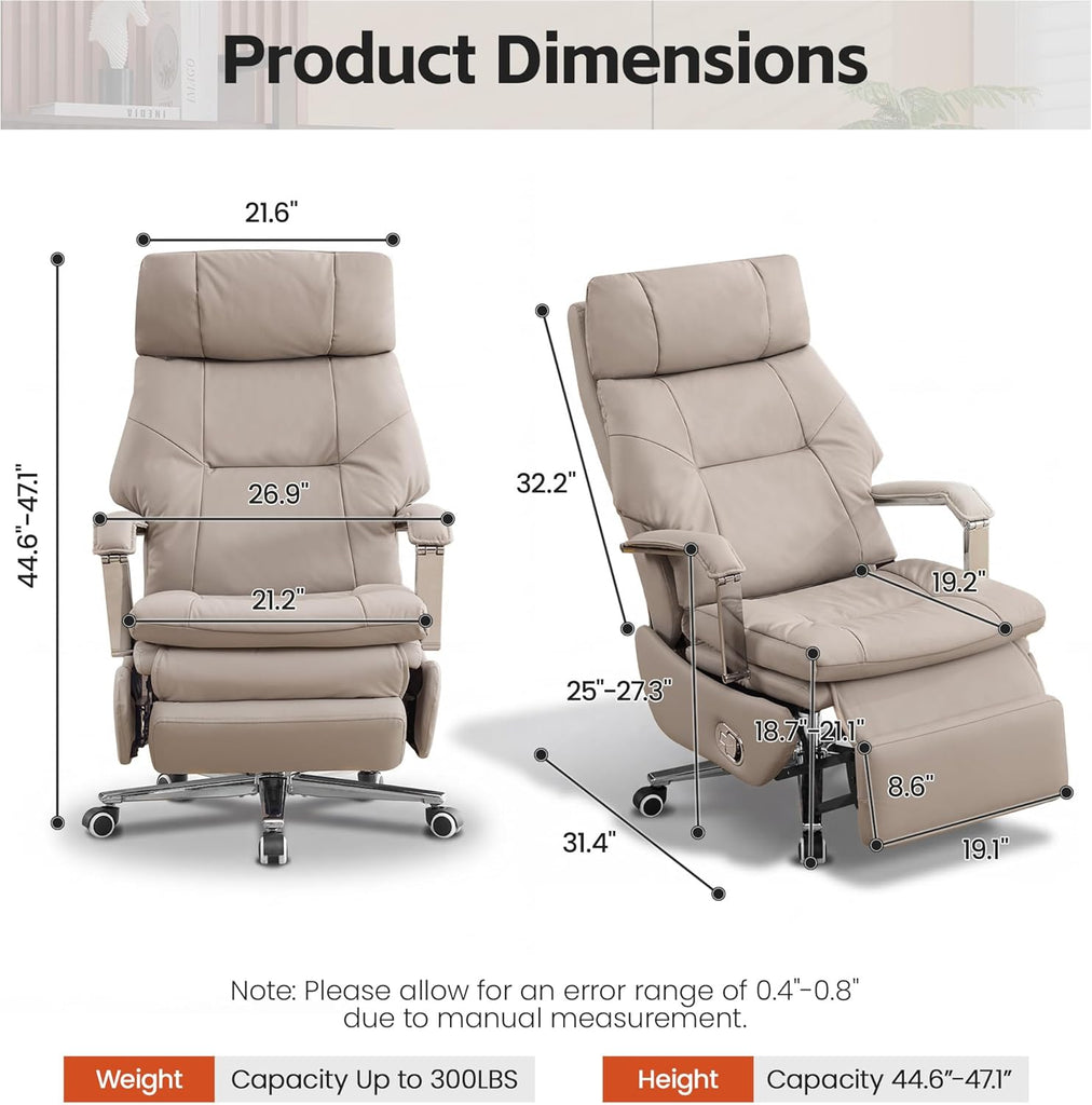 Big and Tall Executive Office Chairs with Footrest, Ergonomic 360° Swivel Desk Chair High Back Recliner, Manual 150°