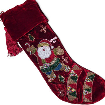Luxury Hand Beaded Red Velvet Christmas Stocking 21 Inch Traditional Santa Claus Family Stocking, Premium Handcrafted
