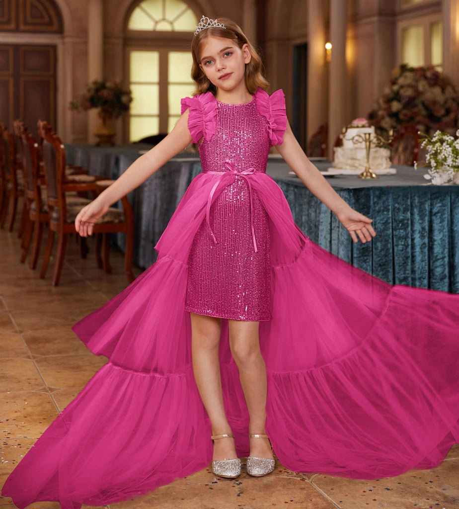 Girls Sequin Formal Pageant Fancy Party Ruffle Prom Maxi Dress