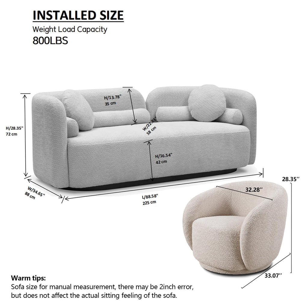 Beige Curved Back Sofa Set of 3, 5 Seater, Solid Wood Frame, Boucle Fabric