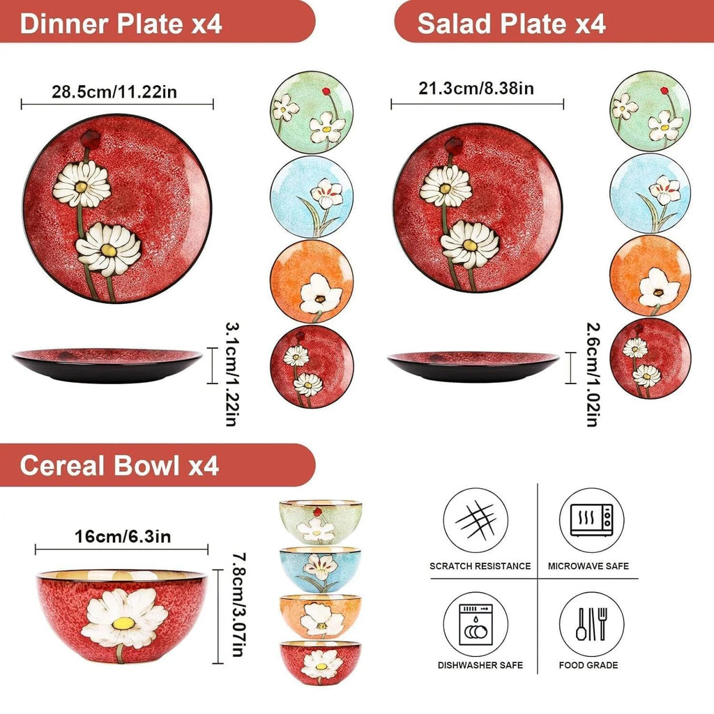 Plates and Bowls Sets,12 Pieces Kiln Changed Glaze Ceramic Dinnerware Set,Dishes Set for 4,Highly Chip and Crack