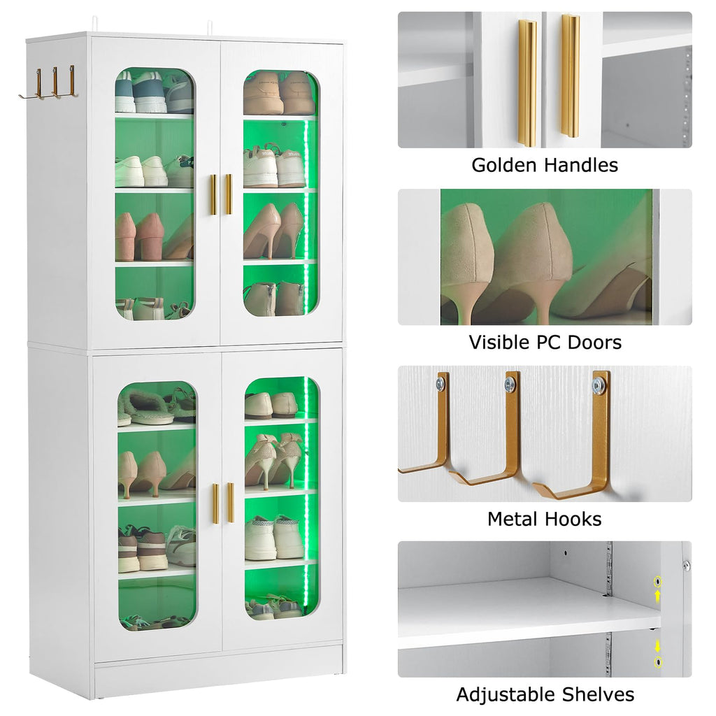 Tall LED Shoe Cabinet with Adjustable Shelves, White