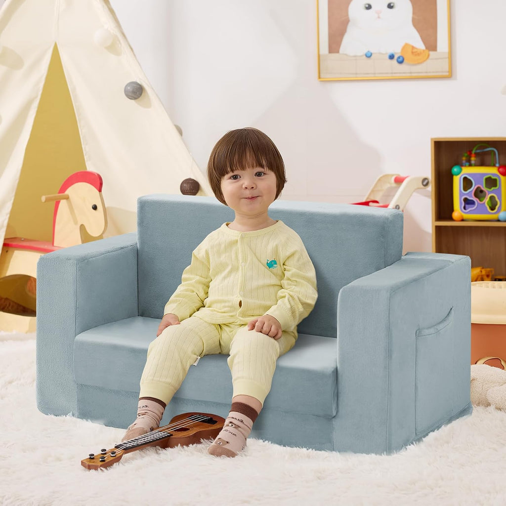 Toddler Couch Chair, Extra Wide Foldable Kids Chairs Comfy, Blue