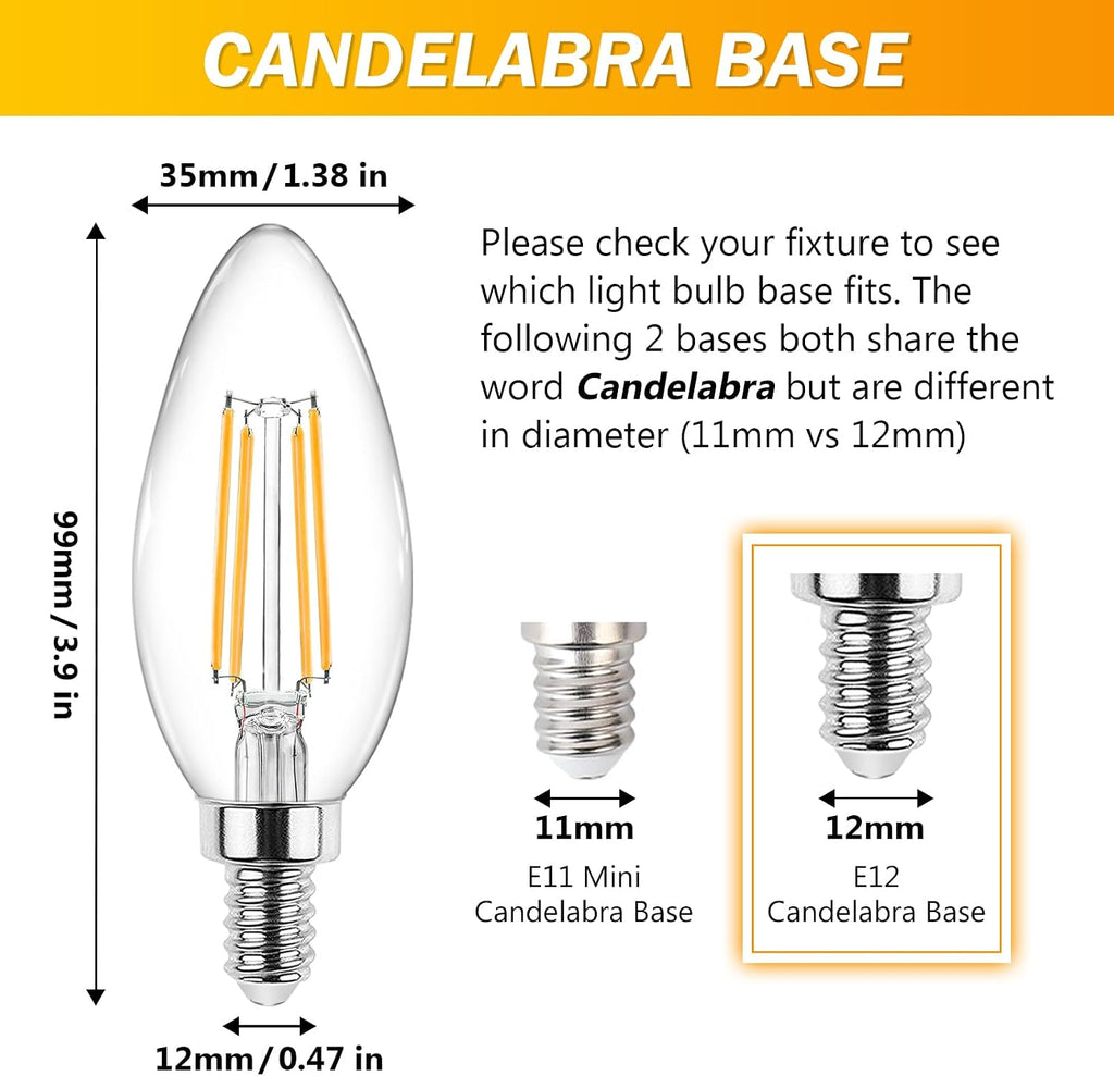 E12 Candelabra LED Light Bulbs 60 Watt Equivalent, Warm White 2700K, Non-Dimmable, 550 Lumen, Clear LED Filament