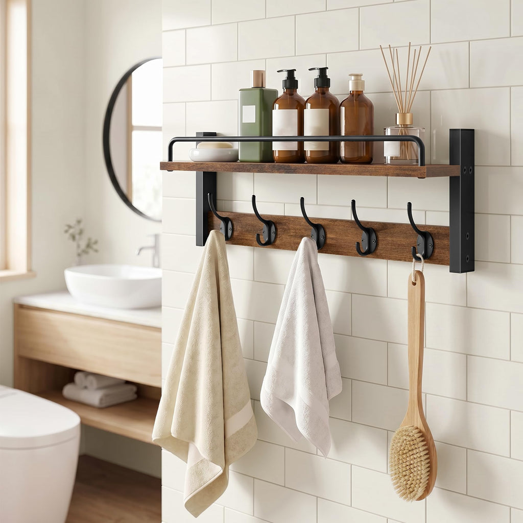 32.6"(16.3"*2) Wall Hooks with Shelf and Guardrail, Rustic Brown