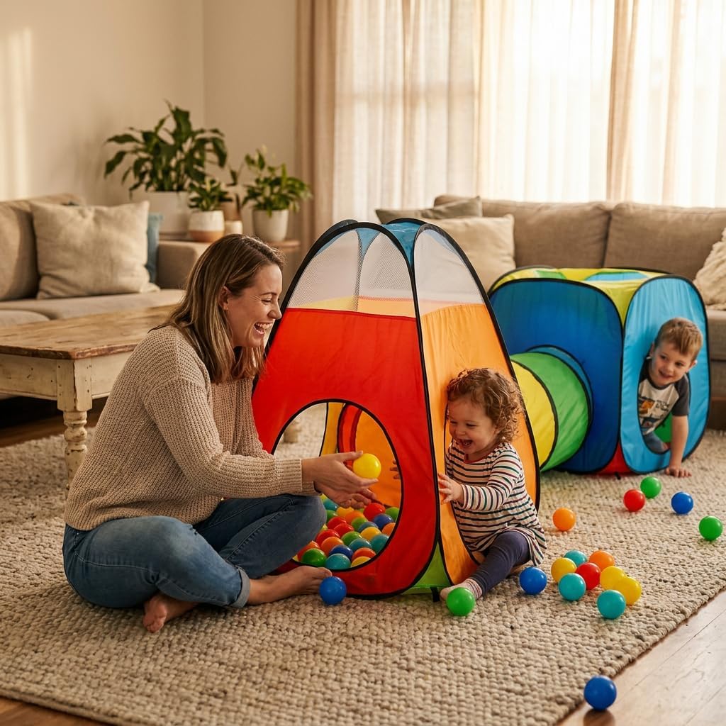 3pc Pop Up Children Play Tent : 1 Crawl Tunnel + 2 Tents : Kids Tents for Boys, Girls, Babies & Toddlers for Indoor &