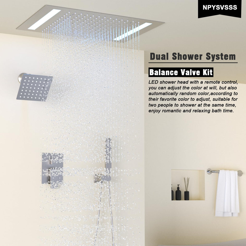 Rain Shower Head System with 14x20 Inch Ceiling Mount LED Head & 6 Inch Wall Head and Handheld Shower 3 Way Pressure