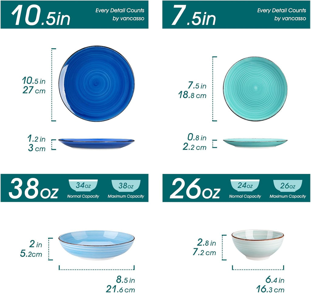 Bonita Stoneware Dinnerware Sets 24 Pieces Service for 6, Hand-Painted Spiral Dishes Set