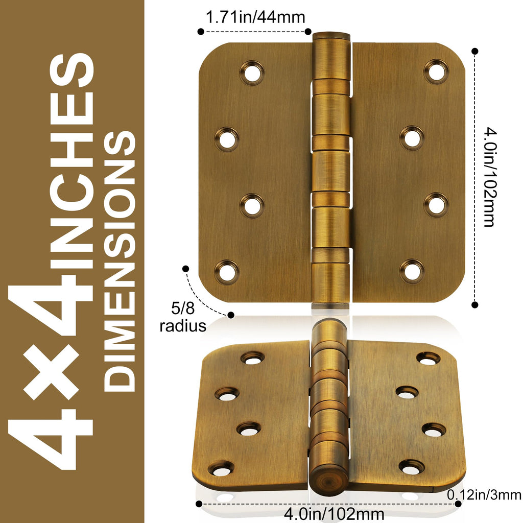6 Pack 4" Heavy Duty Door Hinges with 5/8'' Radius Corner, 4in x 4in Stainless Steel Door Hinges for Exterior &