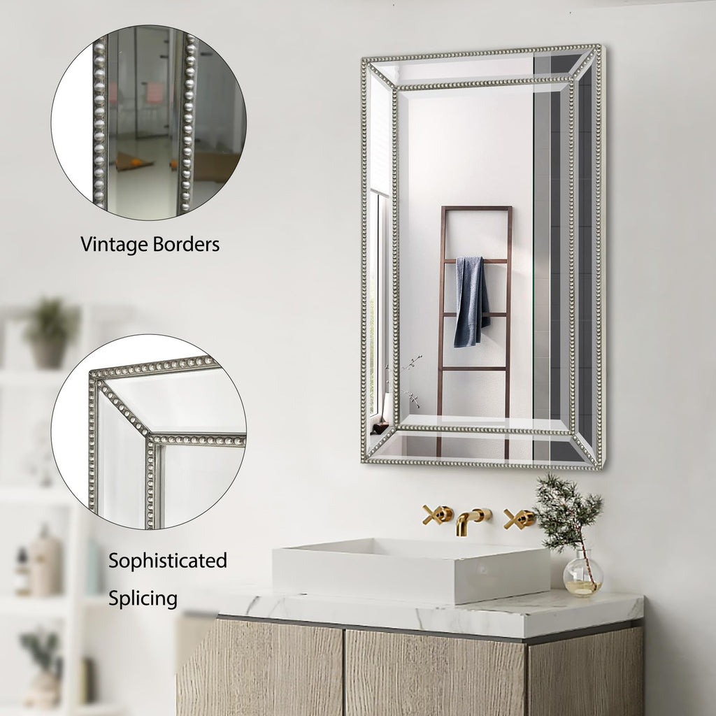 20x32 Inch Bathroom Medicine Cabinet, Silver Metro Beaded Wooden Frame, Retro Bevel Mirror, Recessed & Surface Mount