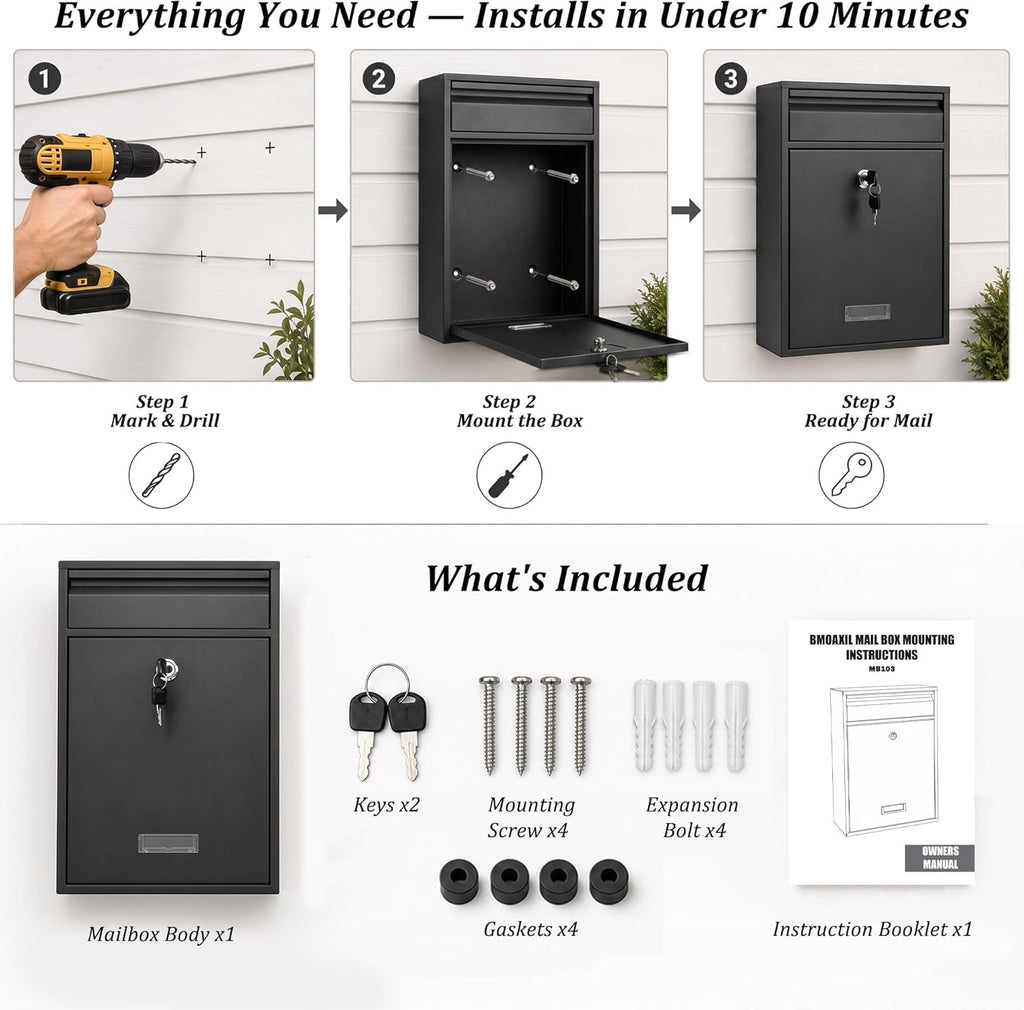 Locking Wall Mount Mailbox with Integrated Bend Handle & Bottom View Window