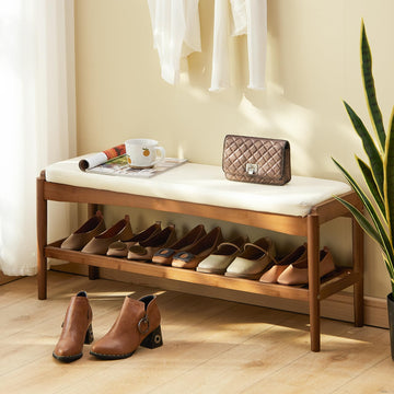 Shoe Rack Bench Entryway Bamboo Shoe Storage Bench with Leather Cushion 2 Tiers Shoe Rack Entryway Bench (Beige Bench