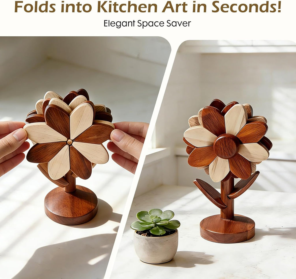 Wooden Trivets for Hot Dishes, Foldable Sunflower-Shaped, Thick Hot Pads for Countertops, Ceramic Pots - Set of 5