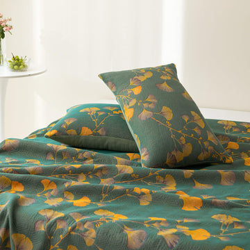 100% Cotton Muslin Pillow Shams Set of 2 Jacquard Floral Ginkgo Leaves Pillow Covers, Soft 3 Layers Gauzy Reversible