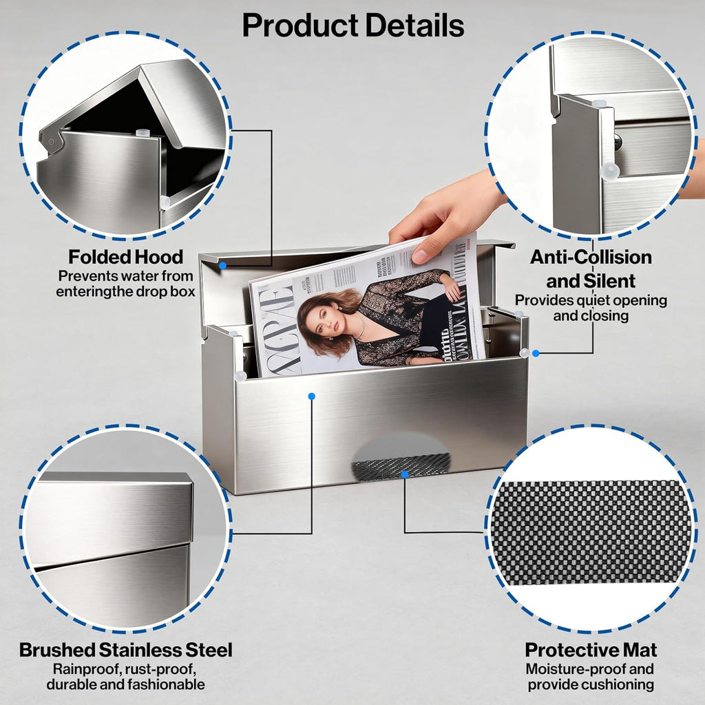 Rainproof Stainless Steel Mailbox for Walls, Heavy Duty Wall Mounted Mailbox