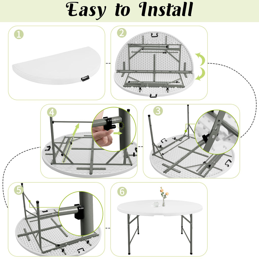 5 FT Round Folding Tables White Foldable Table, Fold-in-Half with Carrying Handle Portable Plastic Table for Party
