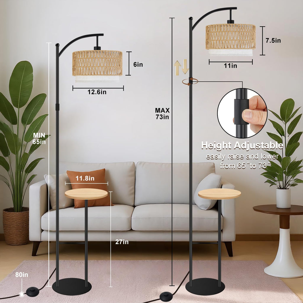 Arc Rattan Floor Lamp with Table Dimmable 3 Color Temp