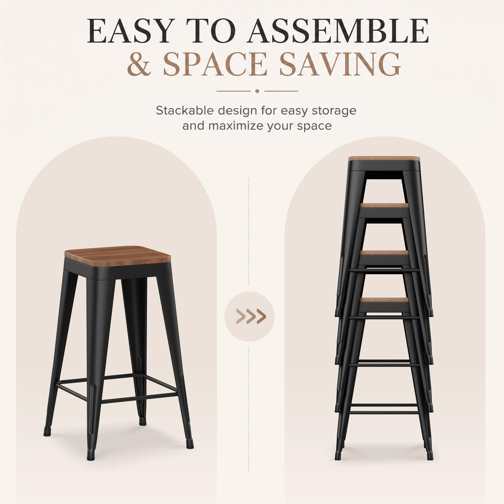 24" Metal Bar Stools Set of 4 Black Counter Height Stools with Wood Seat Stackable Backless Industrial Style Stools