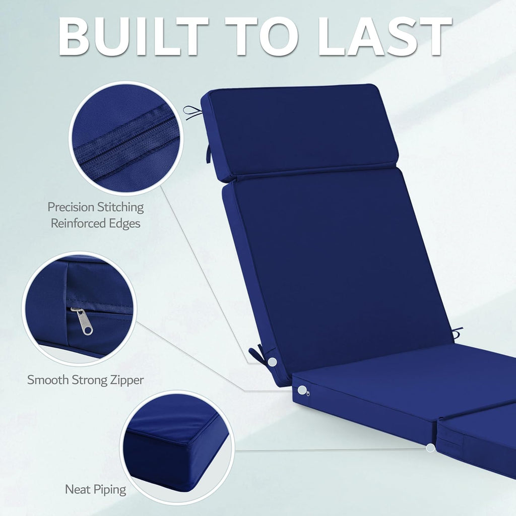 72 x 21 Inch Outdoor Chaise Lounge Cushions Set of 2 - Removable Cover, 4-Section Design, Water-Repellent &