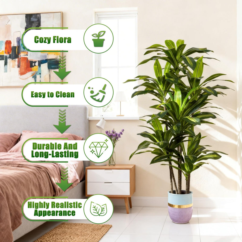 5ft Dracaena Artificial Plant - Large Tropical Indoor Fake Tree with Lifelike Leaves - Tall Faux Floor Plant in Pot