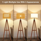 Boho Tripod Floor Lamp with Shelf, Double Lampshades Mid-Century Standing Lamps