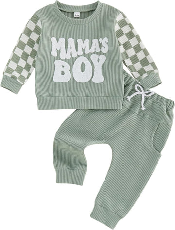 Toddler Baby Boy Fall Clothes Waffle Winter Outfits Letter Checkerboard Long Sleeve Sweatshirt and Pants 2 Pcs Sets