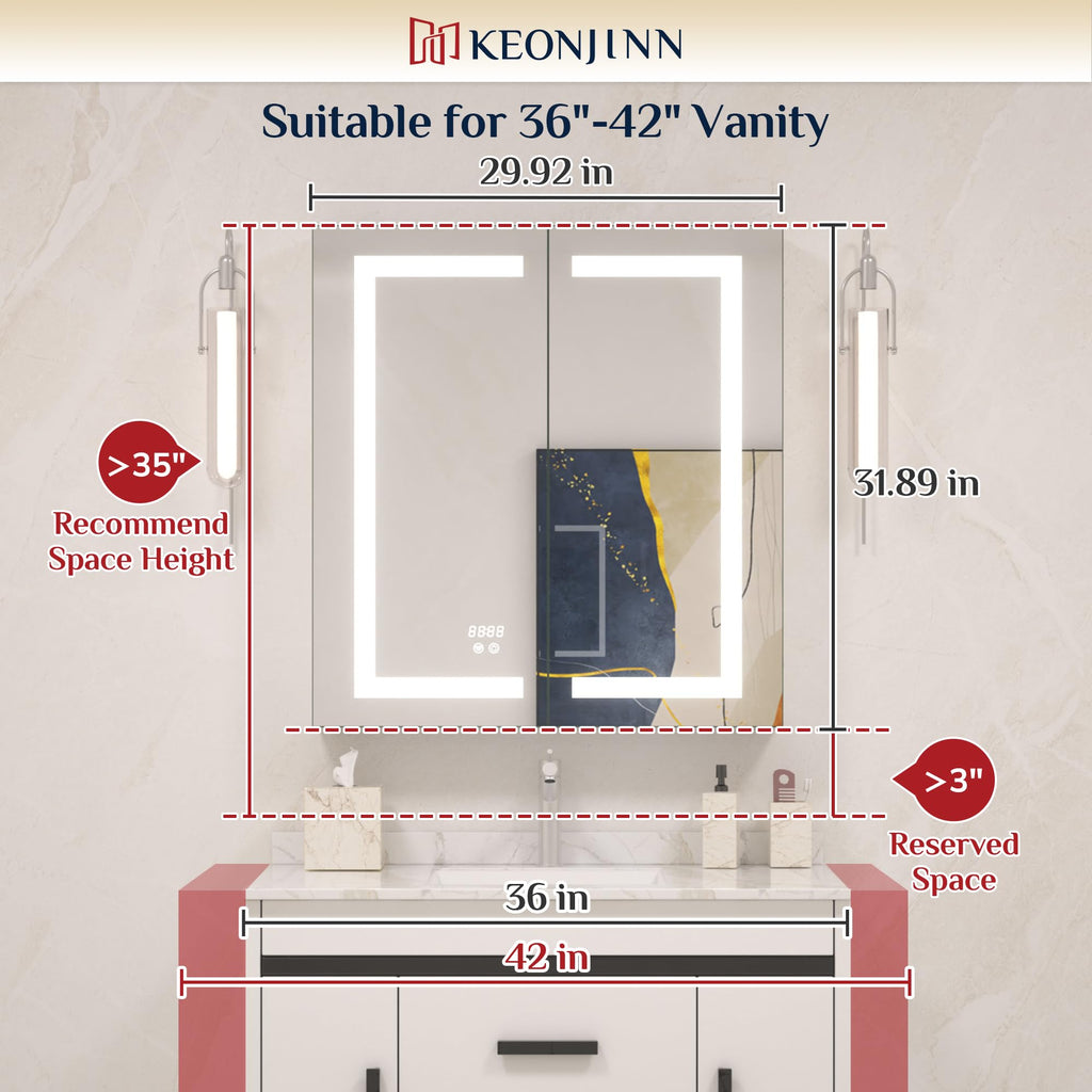 30 x 32 Lighted Medicine Cabinet with Bluetooth Clock and Outlets, Medicine Cabinet with Lights 3 Colors Dimmable