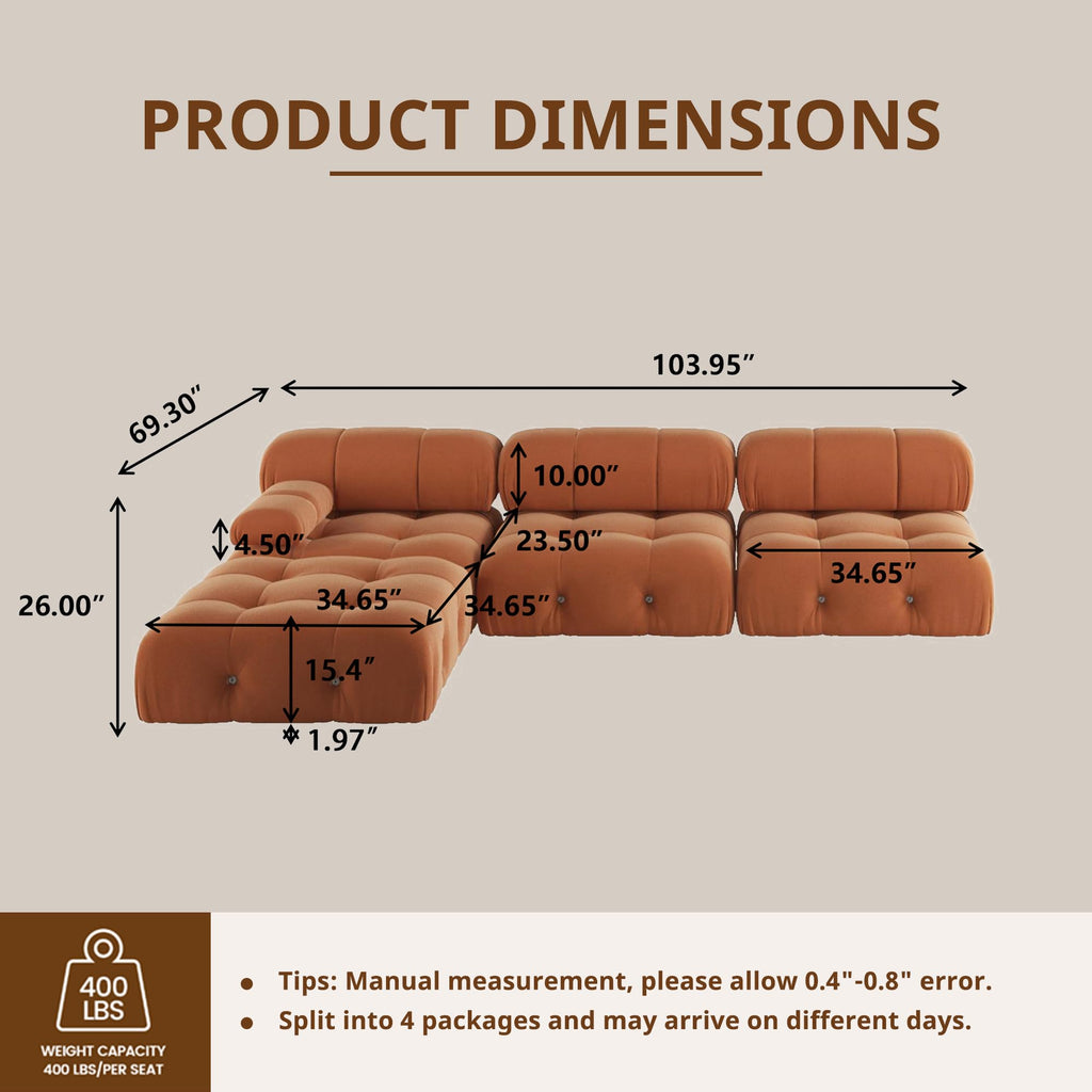 Modern Velvet Sectional Sofa, L Shape Minimalist Modular Sofa, Convertible Couches
