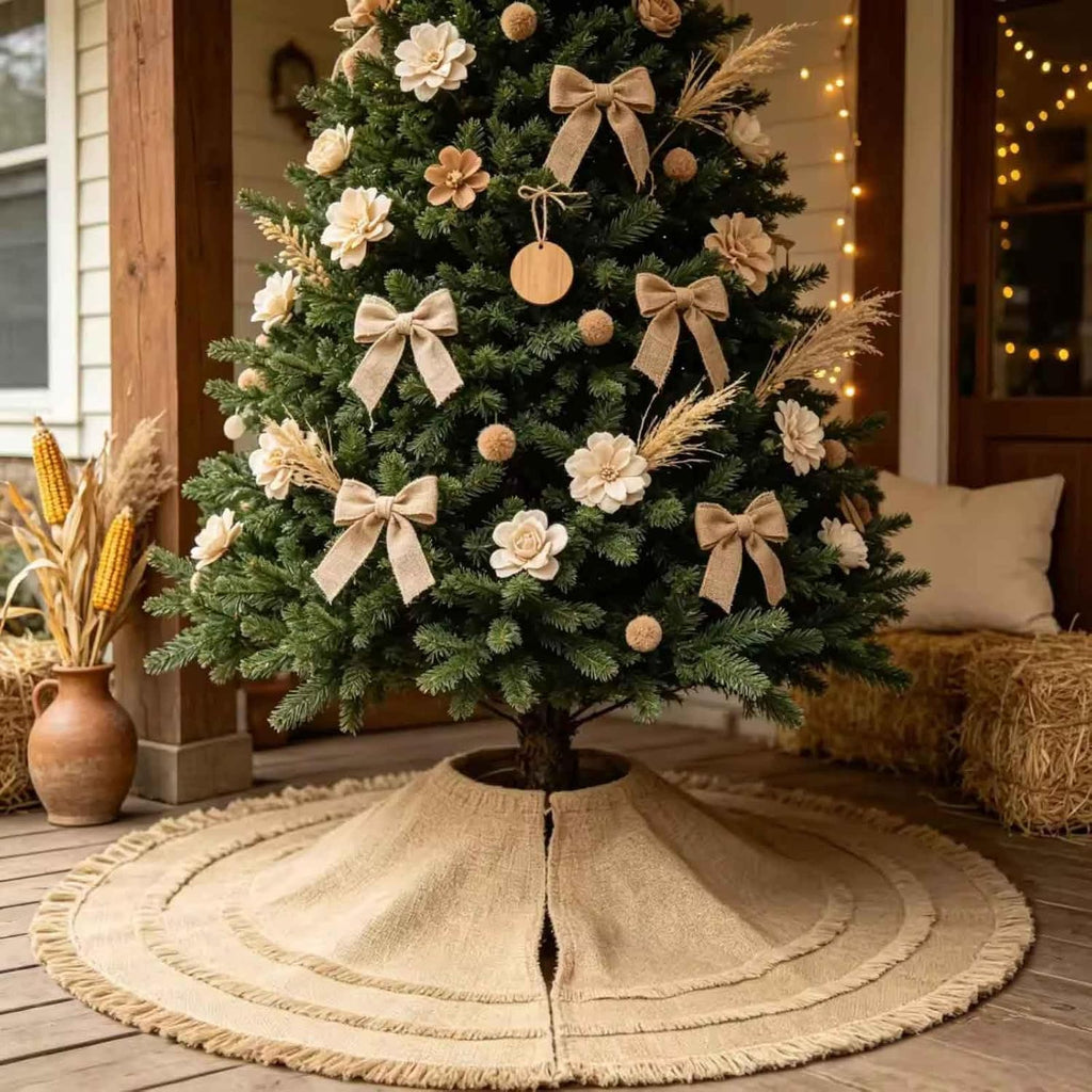 48" Burlap Christmas Tree Skirt with 3-Layer Tassel Design, Brown Rustic Farmhouse Jute Linen Large Fall Tree Skirt