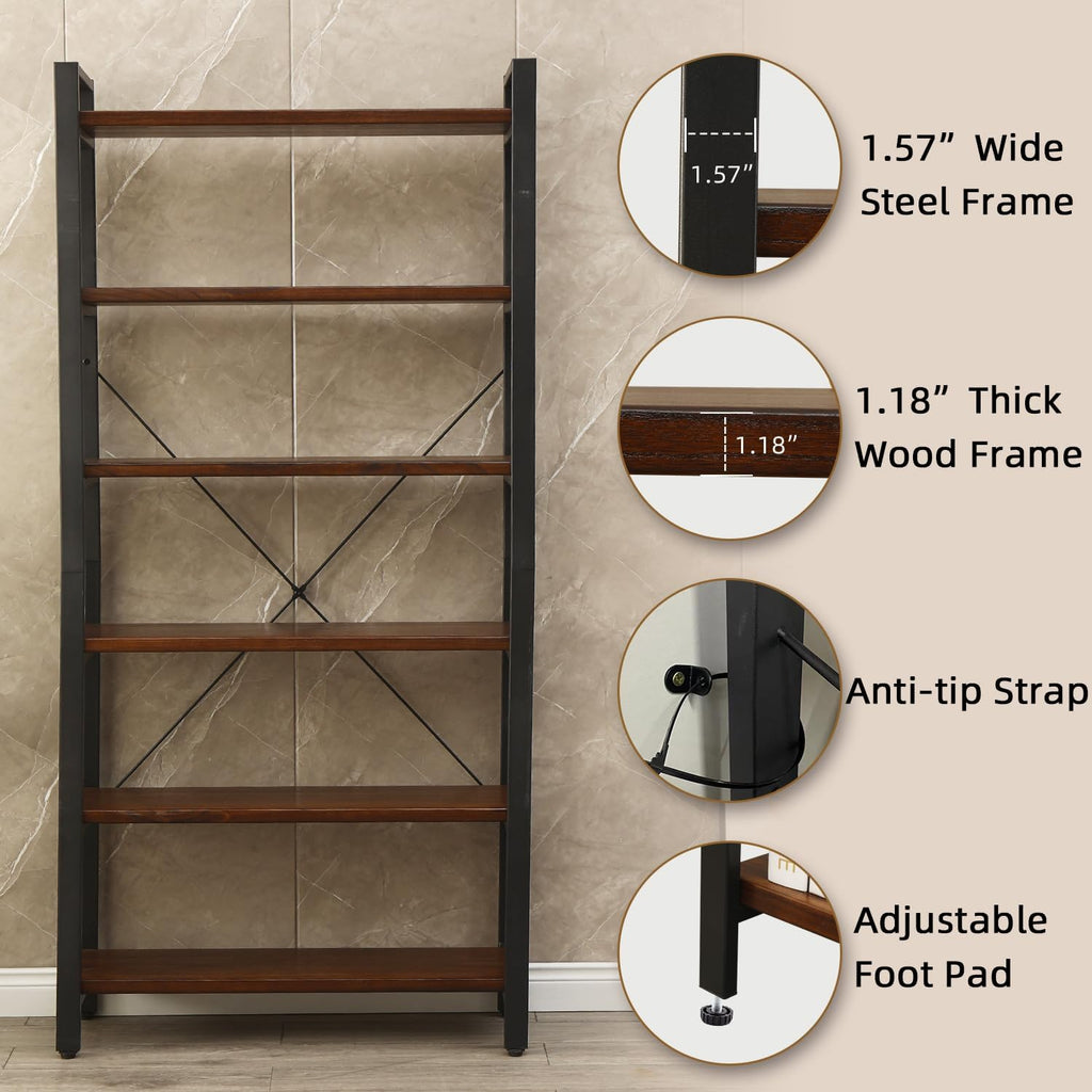 WH-AOERPYMY Natural Real Wood Bookcase,Industrial Bookshelf,6 Tier Solid Wood Open Book Shelf Storage,Metal Shelving