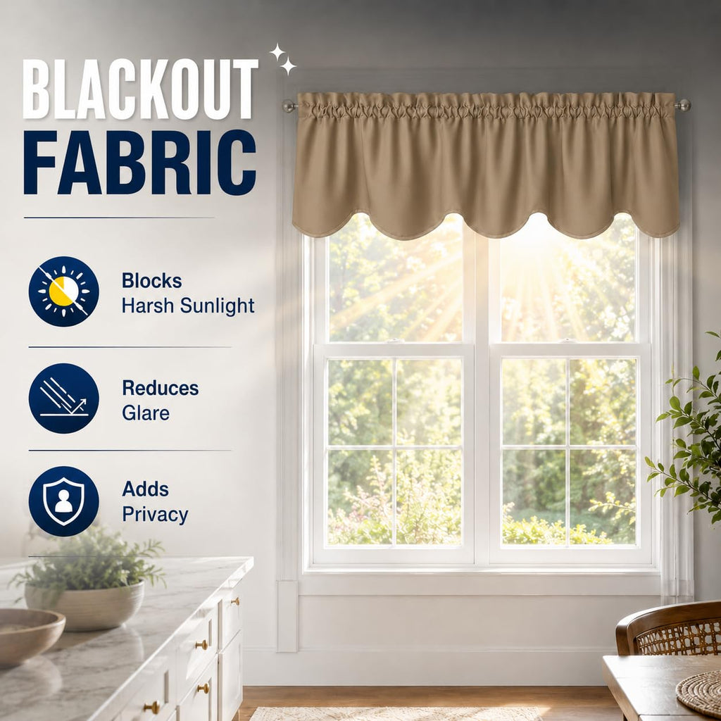 Short Valances for Windows Rod Pocket Blackout Scalloped Valance Solid Decorative Curtain Valence Bedroom, 52inch