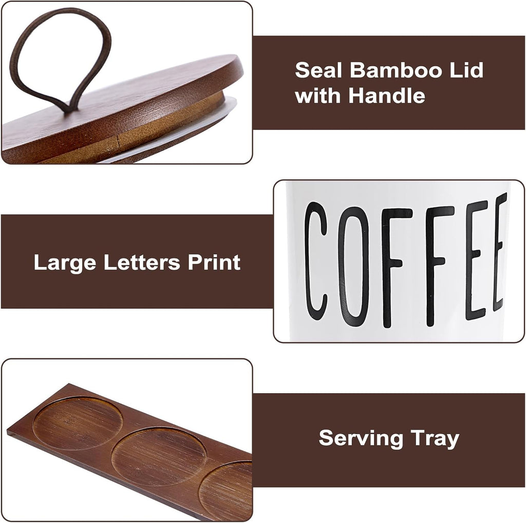 Ceramic Coffee Sugar Tea Canister Set with Lid and Tray - Set of 3