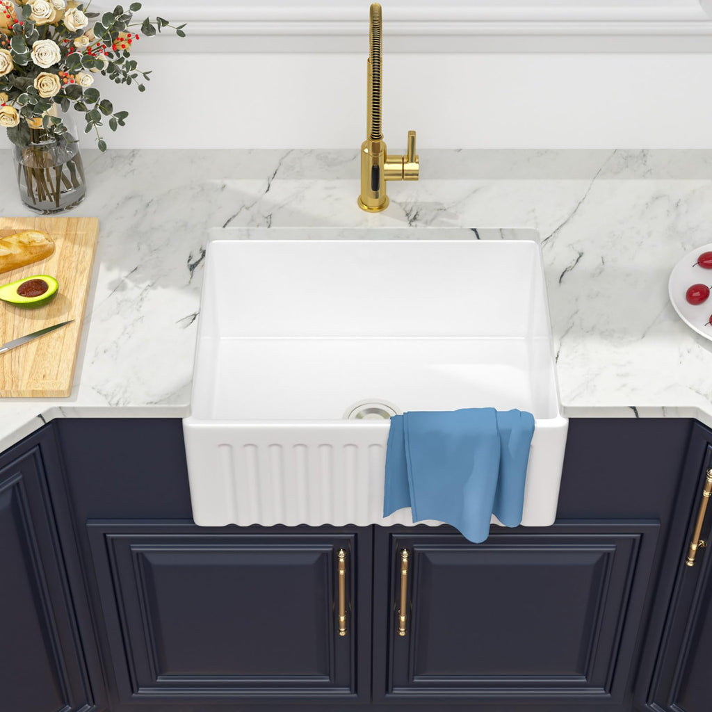 24 White Farmhouse Kitchen Sink - 24X18 Inch Farmhouse Sink Reversible Apron Front Ceramic Porcelain Farm Sinks