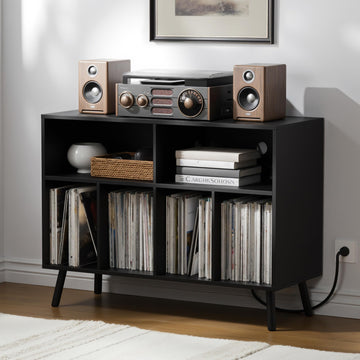 Record Player Stand with Vinyl Storage Cabinet, Wood Turntable Table Open Shelf Holder Up to 350 Albums Cube Storage