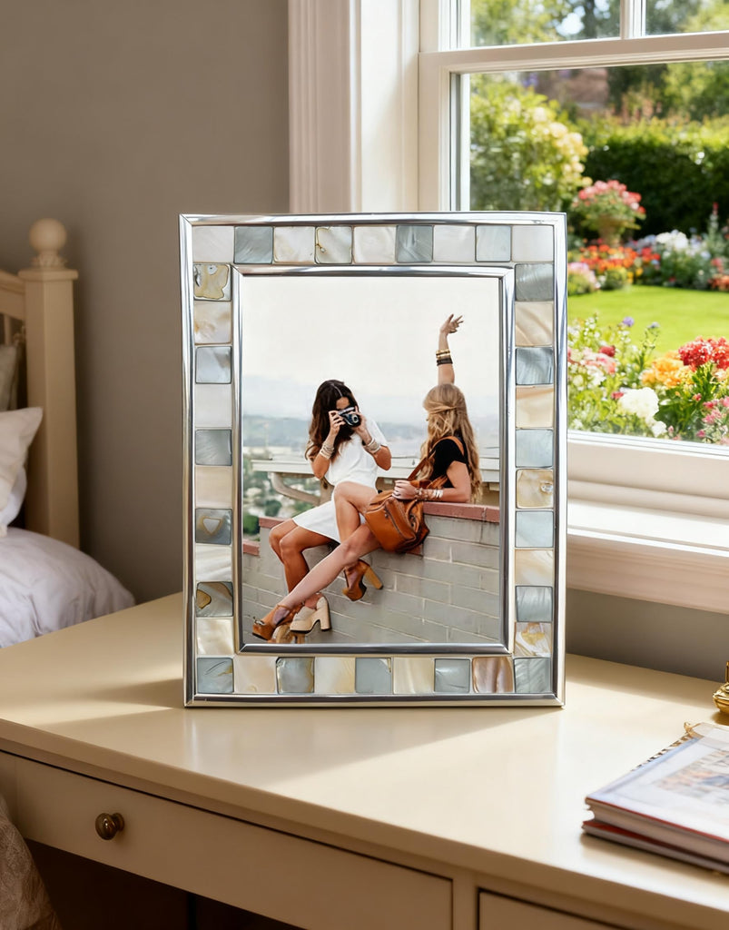 Silver Plate Picture Frame 4x6 Mother of Pearl 4 by 6 Photo Frame Mosaic Glass Tabletop Frame (Grey+ White, 1pc)