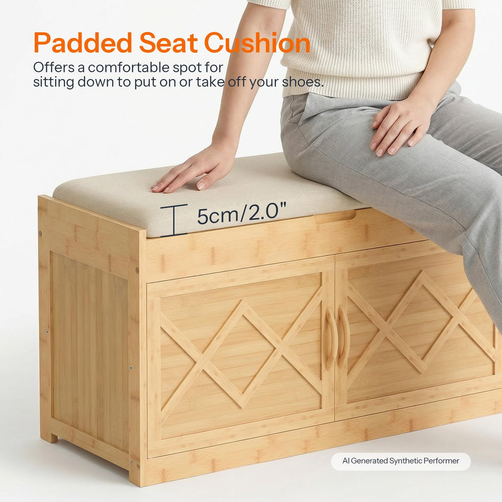 Shoe Bench, Shoe Storage Bench with Cushion, Bamboo Entryway Bench with Hidden Compartment, Storage Bench with Lift