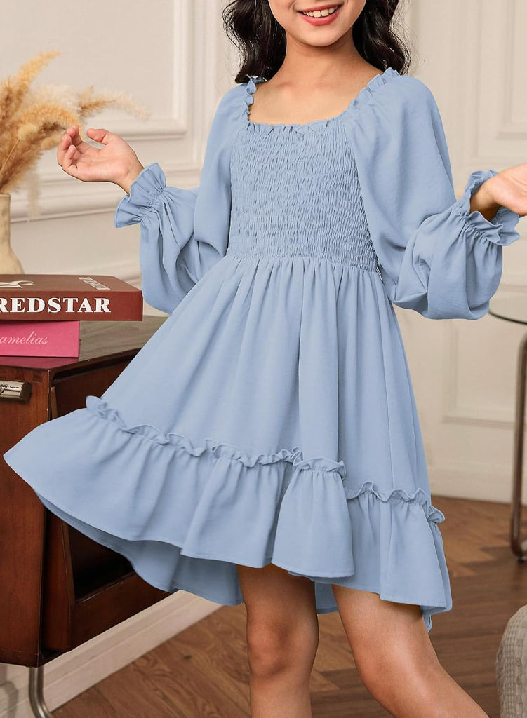 Girls Long Sleeve High-Low Hem Dress Fall Boho Ruffle Casual