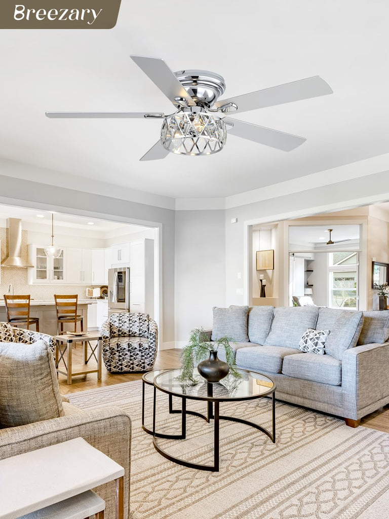 52 Inch Flush Mount Ceiling Fans with Lights and Remote, 5-Blade, 6-Speed Reversible DC Motor, Modern Low Profile
