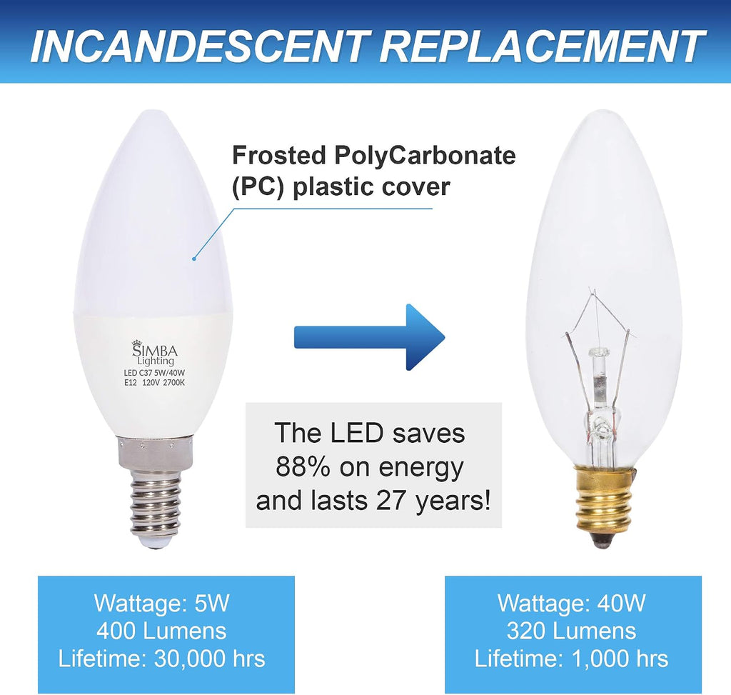 LED B11 C37 5W Candelabra Light Bulb E12 Base, 2700K, 6 Pack