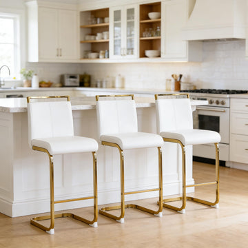 Bar Stools Set of 3, Counter Height Bar Stools with Backs, White Faux Leather Kitchen Stools with Gold Chrome Plated