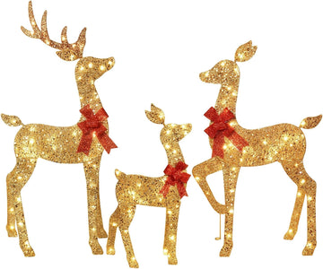 3-Piece 2D Lighted Christmas Deer Family Set - Large Outdoor Yard Reindeer Holiday Decoration with 145 LED Lights