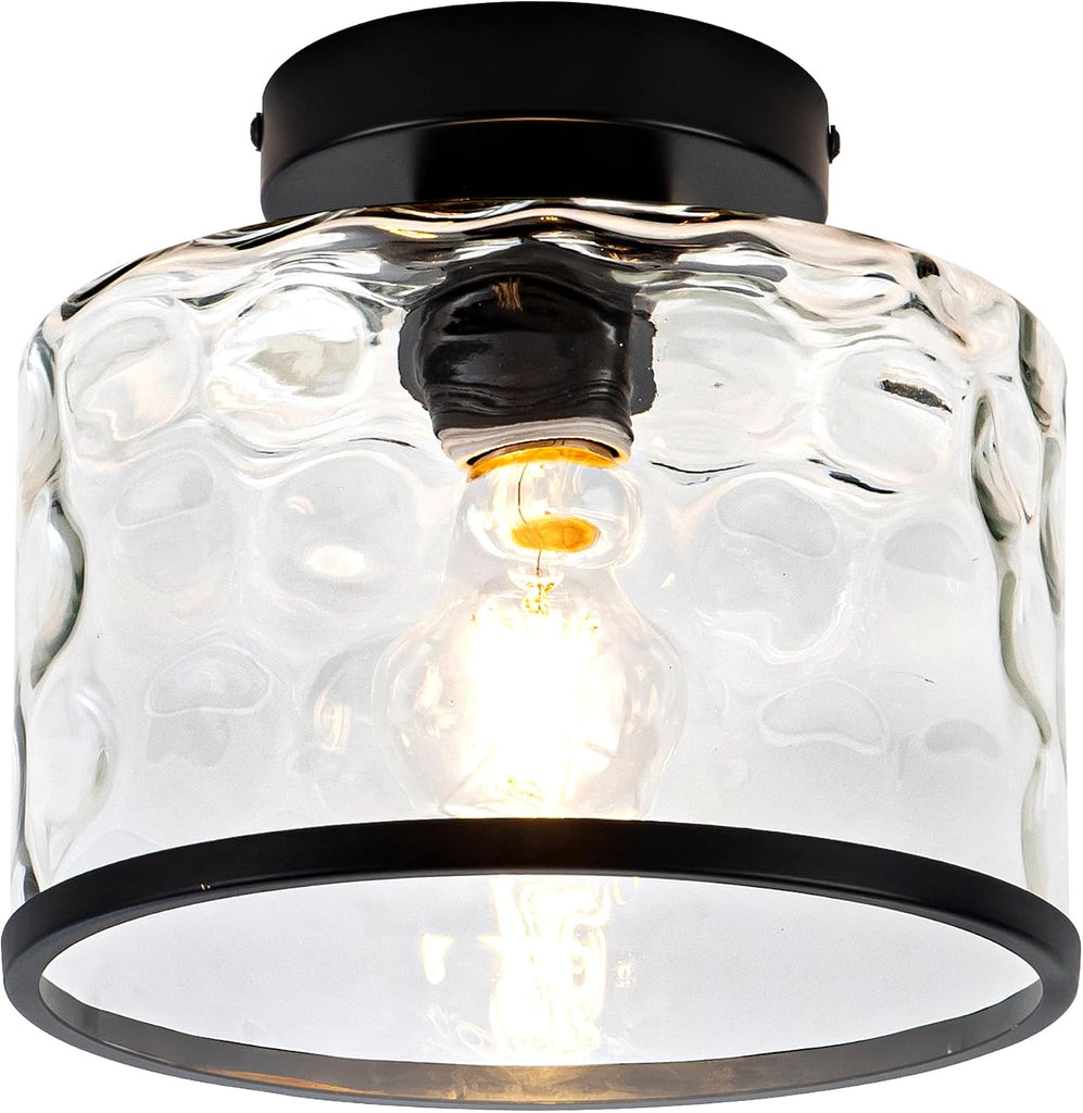 Glass Ceiling Light, Black Semi Flush Mount with Hammered Glass Shade, Farmhouse Light Fixture