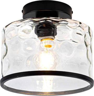 Glass Ceiling Light, Black Semi Flush Mount with Hammered Glass Shade, Farmhouse Light Fixture